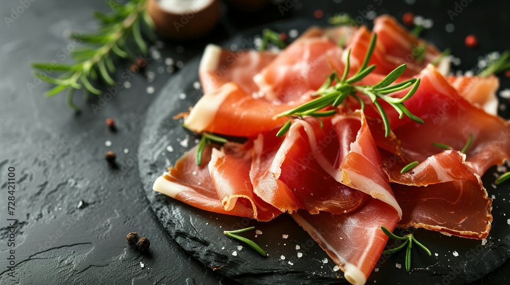 Sliced jamon on a dark background. Selective focus Sliced jamon on a dark background. Selective focus