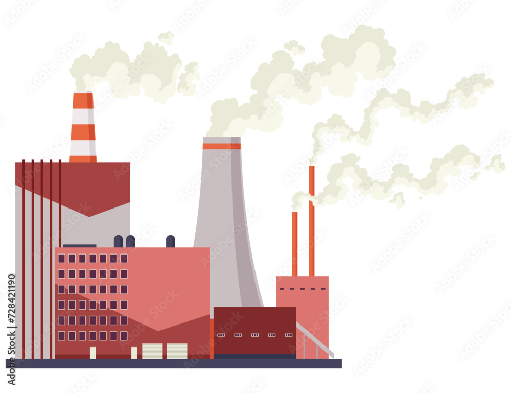 Coal mining plant. Building factory with pipes, smoke. Industrial coal fired power station, fossil fuel power station. Vector illustration
