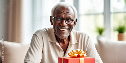 natural portrait of a senior elderly black skinned man with a gift box, blurred home interior background