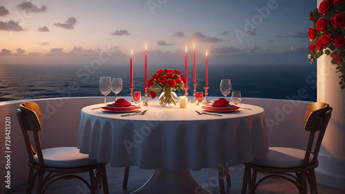 Romantic dinner table for date by the ocean at sunset.Valentine's Day,Love,honeymoon set for two,summer vacation or wedding concept.Generative AI