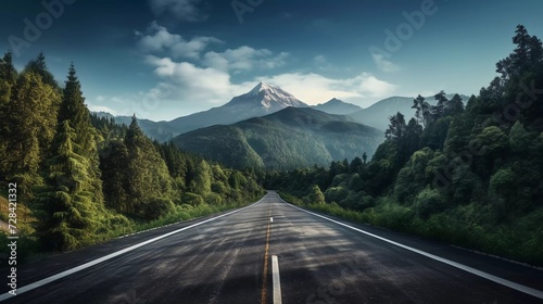 Realistic photo of asphalt road and green forest with natural mountain landscape. generative ai