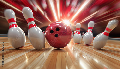 A red bowling ball flies down the lane and smashes the pins  they fly off in different directions  strike