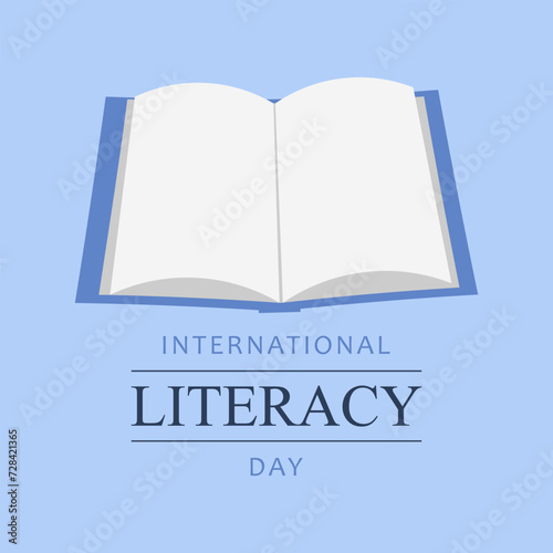 International Literaсy Day. Postcard, vector. Inscription International Literaсy Day and book on a purple background.
