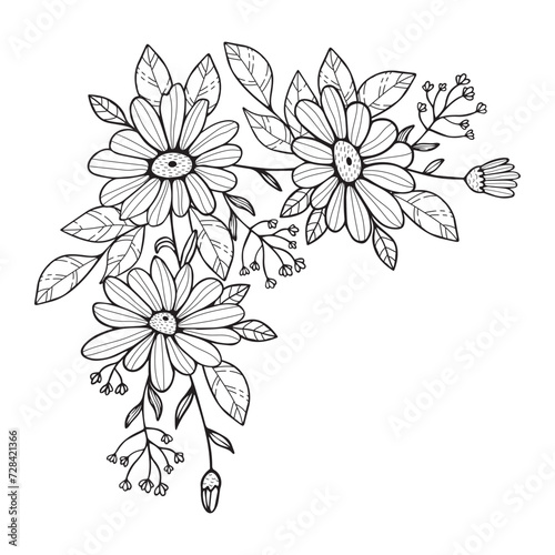 Chamomile flower border. flower garland in corner design. black and white flower sketch