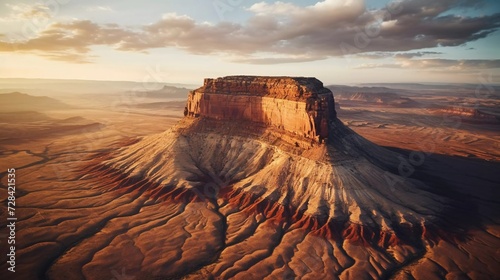 realistic photo Aerial view of sandstone Butte in Utah desert valley at sunset. generative ai photo