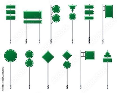 Green traffic signs set. Road board text panel, mockup signage, direction highway city signpost location street way. Isolated information sign. Blank board with place for text. Vector illustration
