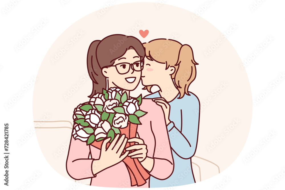 Loving teenage girl gives flowers to mom on eve of eighth of March or mother day. Child kisses woman on cheek after presenting bouquet to babysitter for good job. Flat vector illustration Loving teenage girl gives flowers to mom on eve of eighth of March or mother day. Child kisses woman on cheek after presenting bouquet to babysitter for good job. Flat vector illustration