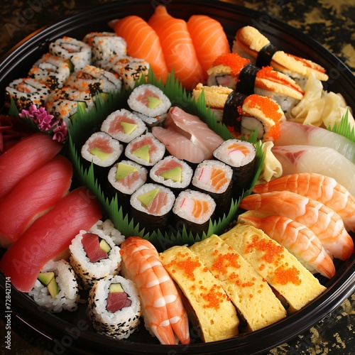Mixed Sushi Set nigiri, rolls and sashimi served in traditional Japan Sushioke round plate.