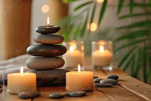 stack of stones and candles for relaxation in the spa
