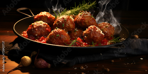 Meatballs in tomato sauce cooked in a skillet,  a plate of kofta meatballs, cooked to a golden brown,
 photo