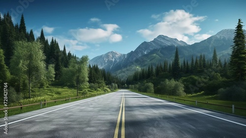 Realistic photo of asphalt road and green forest with natural mountain landscape. generative ai