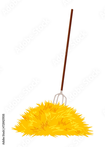 Haystack isolated on white background. Flat vector illustration dried haystack with fork. Farming haymow bale hayloft, agricultural rural haycock
