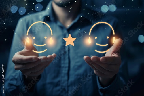 Blessed emoticon verbal expression star ratings. Sociable passionate team communication external client feedback. Managing client reviews. Star emoji happy smileys, positive everlasting smiling symbol photo