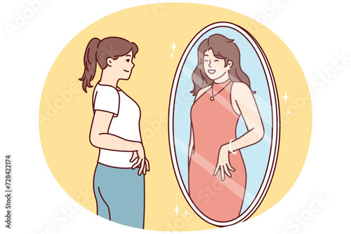 Woman in casual clothes looks in mirror and sees in reflection girl in beautiful evening dress. Dreamy lady fantasizes about buying new evening attire to go to holiday event. Flat vector design
