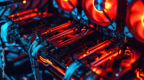 Capture the essence of crypto mining technology through the lens of a high-powered mining rig equipped with top-tier GPUs and efficient cooling.
