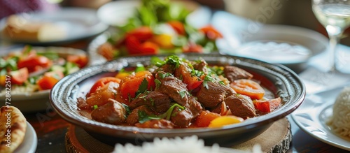 Delicious Turkish lamb stew with tomatoes, peppers, onions, rice, and bread served in traditional restaurant. photo