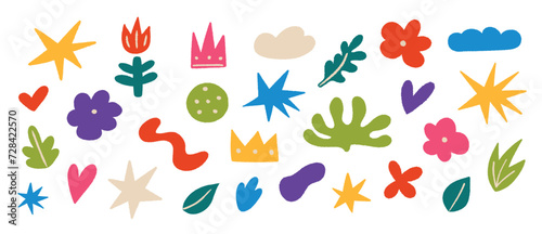 Abstract elements set. Star, flower, leaf, cloud, crown shapes. Hand drawn doodle vector illustration.