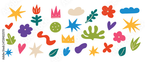 Abstract elements set. Star  flower  leaf  cloud  crown shapes. Hand drawn doodle vector illustration.