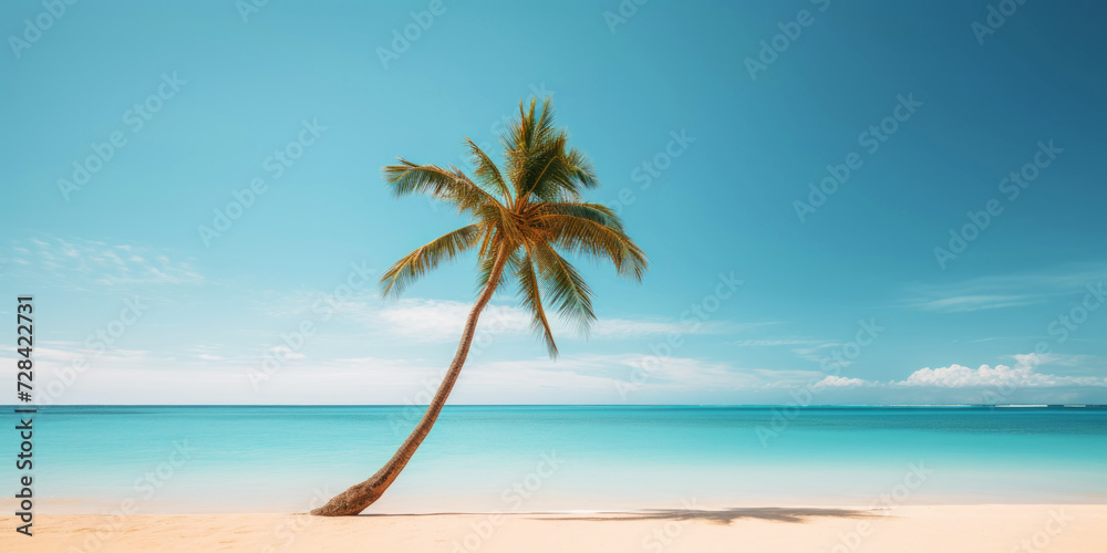Palm on a sunny tropical sea shore under turquoise sky. Vacation concept. Generative AI Palm on a sunny tropical sea shore under turquoise sky. Vacation concept. Generative AI