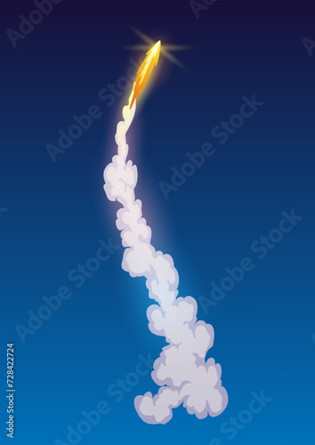 Rocket trail fire smoke, spaceship launch with clouds, spaceflight effects. Space rocket of galaxy shuttle or spacecraft engine. Cartoon vector illustration