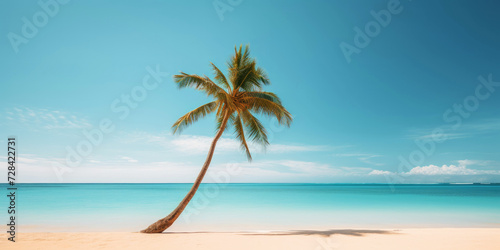 Palm on a sunny tropical sea shore under turquoise sky. Vacation concept. Generative AI