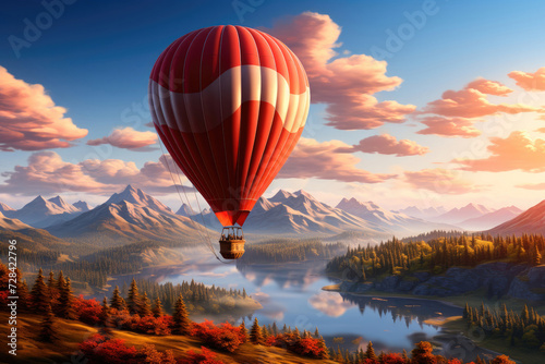 Large balloon in the sky over a mountain landscape with a lake