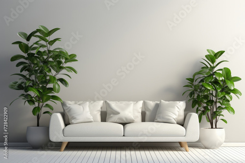 Large potted indoor plants at home in the living room with a couch on a white wall