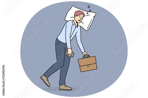 Tired businessman walk with head resting on pillow. Exhausted male employee suffer from fatigue and burnout. Vector illustration.