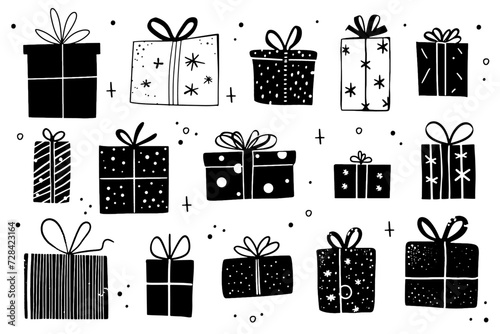 Presents vector illustration. Gift boxes for christmas or birthday in style of hand drawn black doodle on white background. Giftboxes silhouette sketch