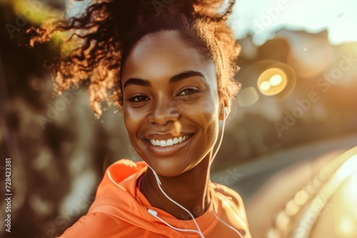 A joyous woman  with a bright orange necklace and playful dreadlocks  listens to music through her earbuds while smiling brightly in the outdoor portrait