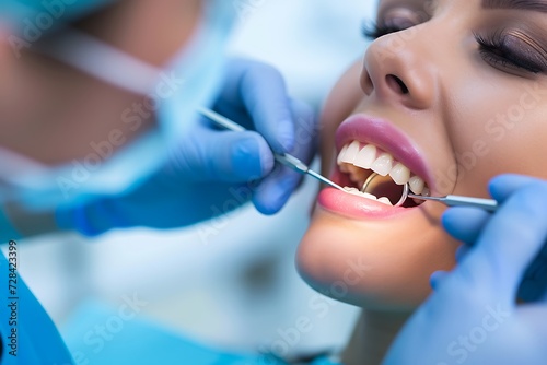 dentist examining patient's teeth using medical equipment