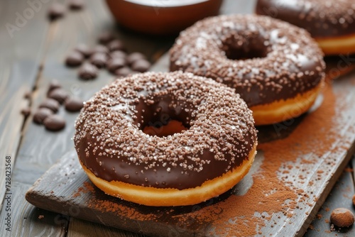 Tasty chocolate donuts on table