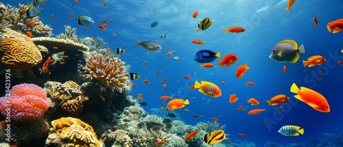 深い海の中のサンゴやカラフルな魚