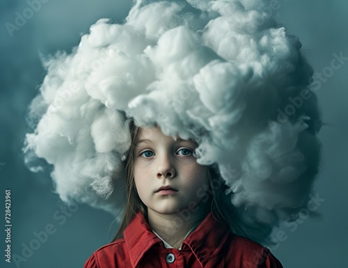 A young girl stands outdoors, her red clothing billowing in the wind as a cloud of smoke surrounds her head, creating an ethereal and mysterious portrait of a person lost in thought