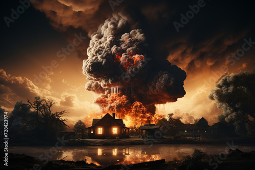 destroyed house against the backdrop of a nuclear explosion. night