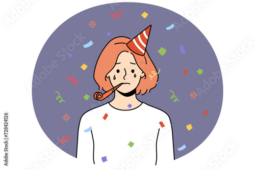 Unhappy woman in birthday hat blow in whistle celebrate anniversary alone. Upset girl feel lonely and abandoned at party celebration. Vector illustration.