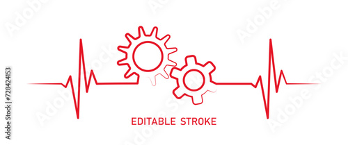 Editable lines heart rhythm illustration with gears cogwheel, heartbeat line vector design to use in healthcare, medical business, healthy lifestyle, medicine and ekg concept illustration projects. 