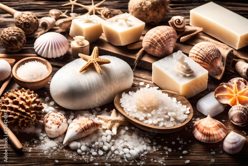 Spa and beauty background. bomb,handmade soap bar,seashells and aromatherapy salt on wooden planks. Close up view