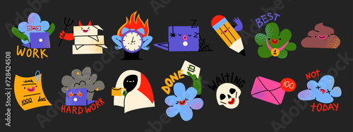 Cartoon retro stickers comic work characters. Labor, schedule, business, office retro blot characters with emotions. Vector doodle groovy funky mascots in 90s style
