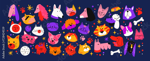 Cartoon retro animal pets heads. Dogs and cats in doodle groovy style. Set of icon avatars