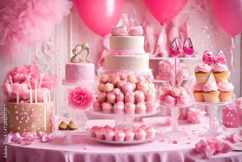 Decoration with sweets and heels for girl s birthday, baby shower