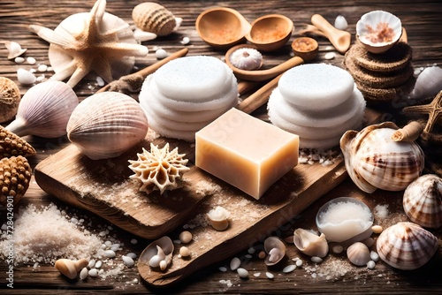 Spa and beauty background. bomb handmade soap bar seashells and aromatherapy salt on wooden planks. Close up view.