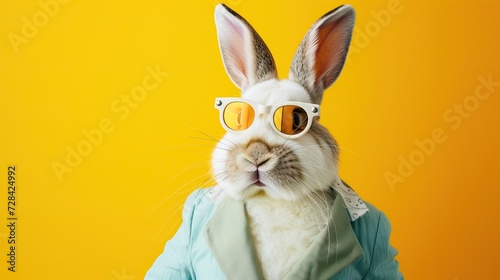 Stylish rabbit wearing sunglasses and bow tie in a sunlit forest for themed events marketing or cheerful greeting cards © Svfotoroom