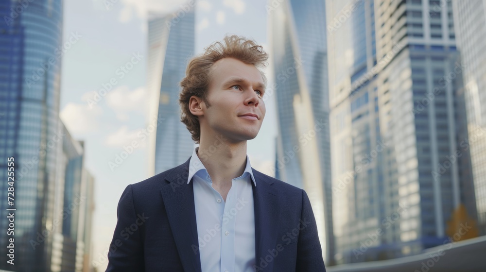 Successful caucasian businessman pondering new investment opportunities in modern city at sunset Successful caucasian businessman pondering new investment opportunities in modern city at sunset