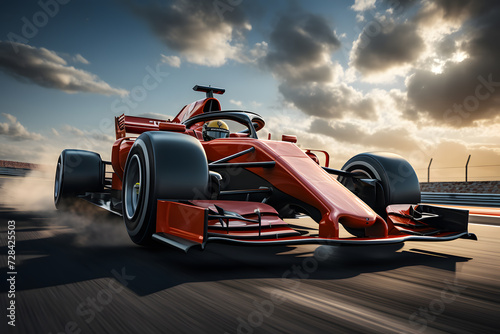 Red racing car in dynamic motion on a track at sunset. formula 1