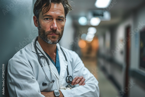Pensive male doctor in scrubs with a stethoscope in a hospital corridor