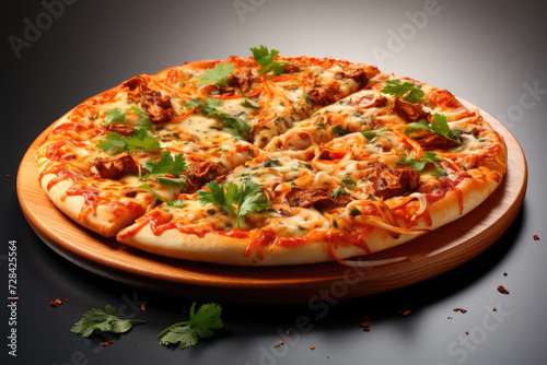 Pizza on a wooden platter on a gray background