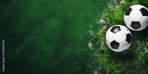 Sports style border design with soccer balls and grass background flatlay.