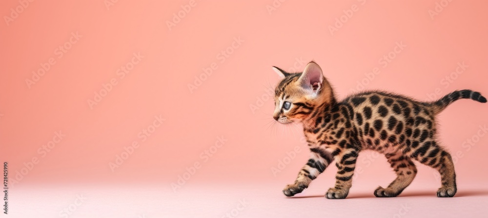 Graceful fluffy cat walking on pastel background with ample copy space for text placement