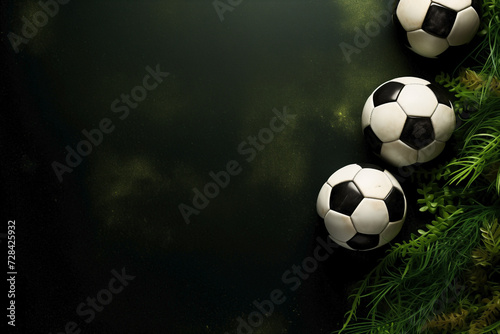 Sports style border design with soccer balls and grass background flatlay.